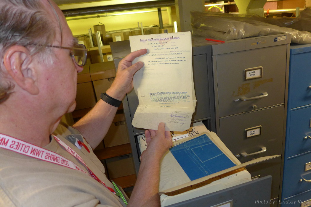 Examining an AFE file at the vast GNRHS Archives at Jackson Street Roundhouse